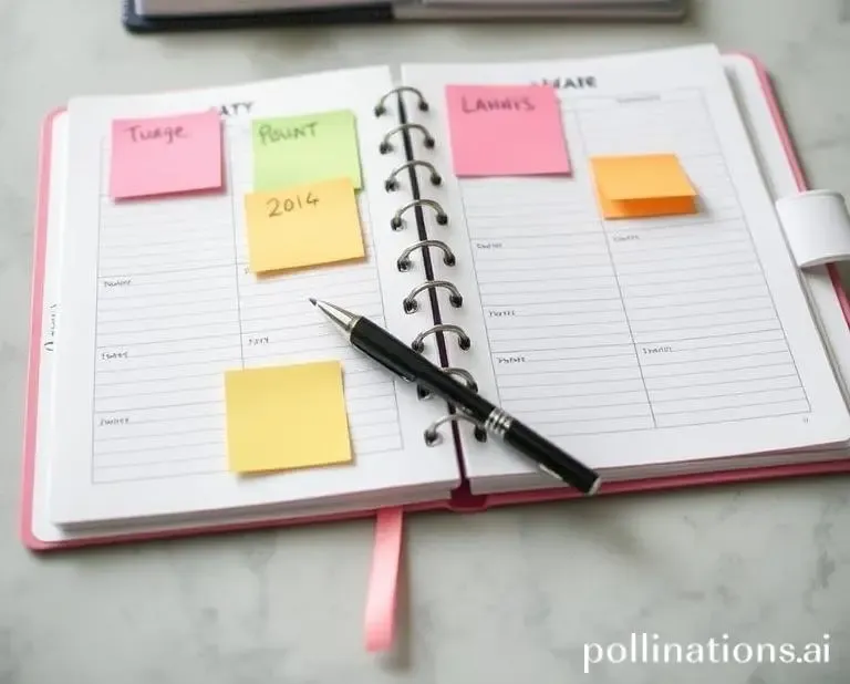An open planner on a table with sticky notes and a pen, setting a budget plan.
