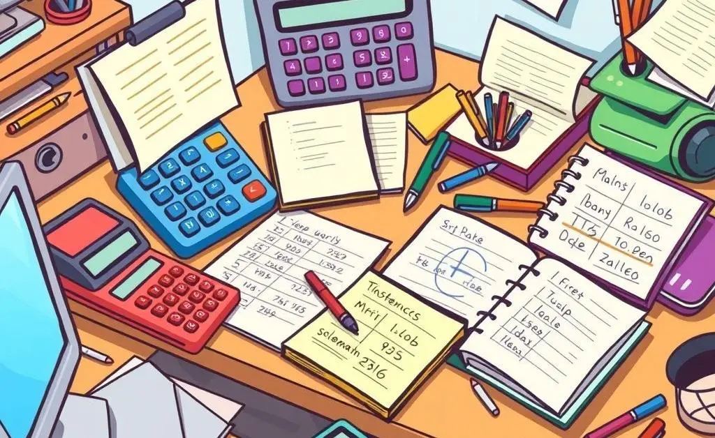 A cartoon-style desk cluttered with various budgeting tools like calculators and notebooks.