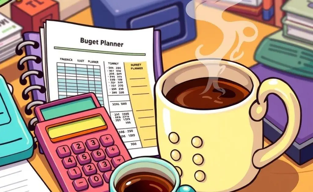 A cartoon-style image of a desk with a calculator, budget sheets, and a steaming coffee mug.