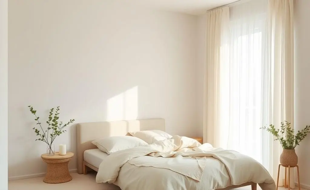 A tranquil bedroom with neutral colors and soft lighting