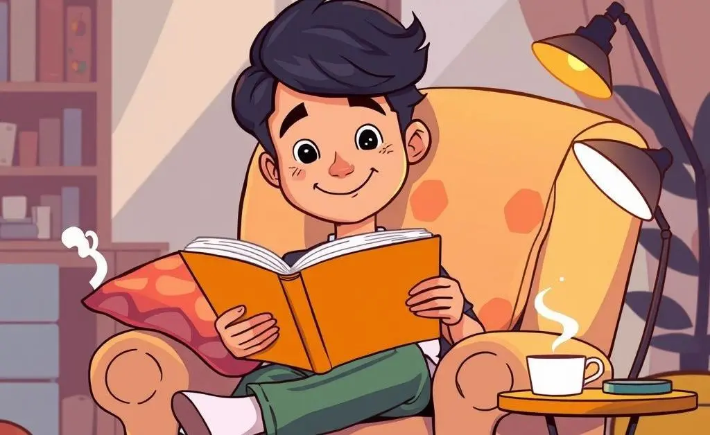 A cartoon-style image of a homeowner relaxing in their living room, enjoying a book.