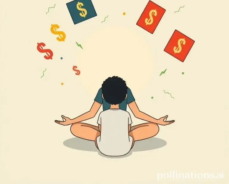 A person calmly meditating with stock market symbols floating around