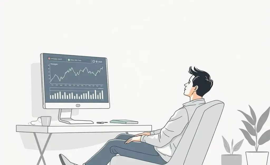 Minimalist image of a person calm and relaxed, glancing at stock market charts.