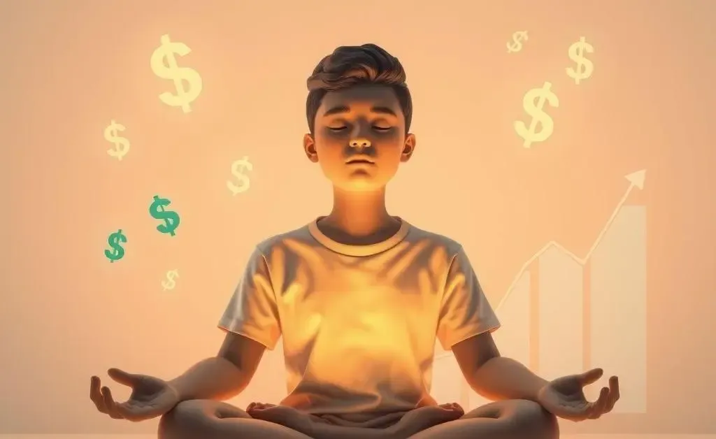 A calming scene with floating currency symbols and graphs