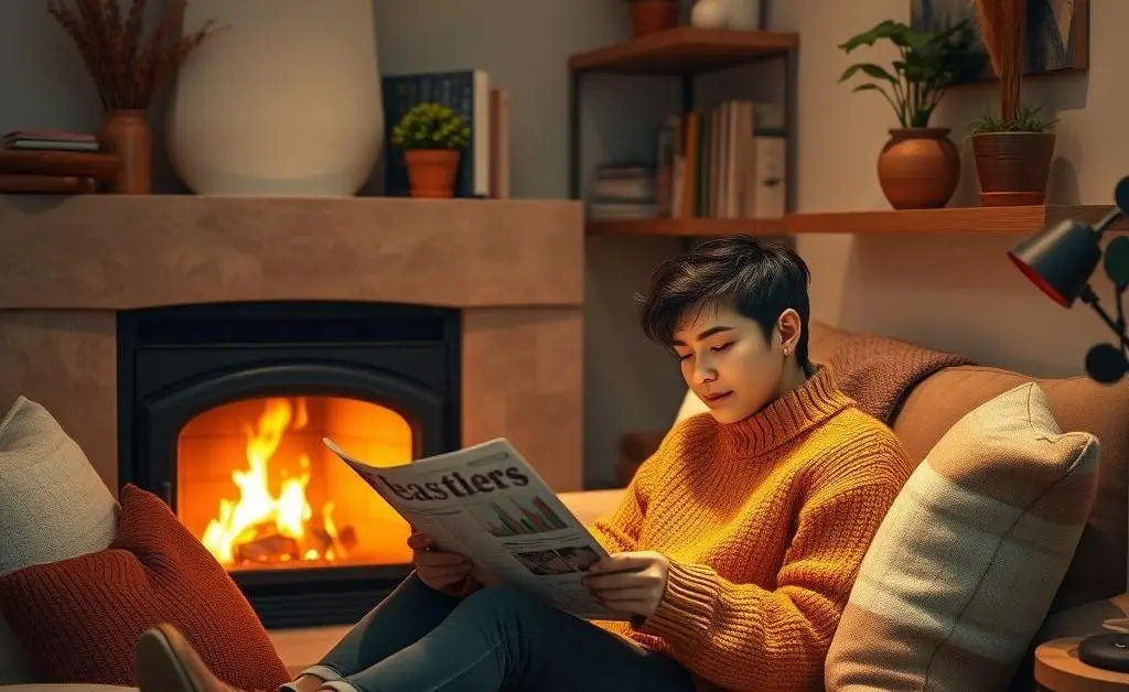 A serene scene of a person calmly reading financial news on a tablet in a cozy chair.