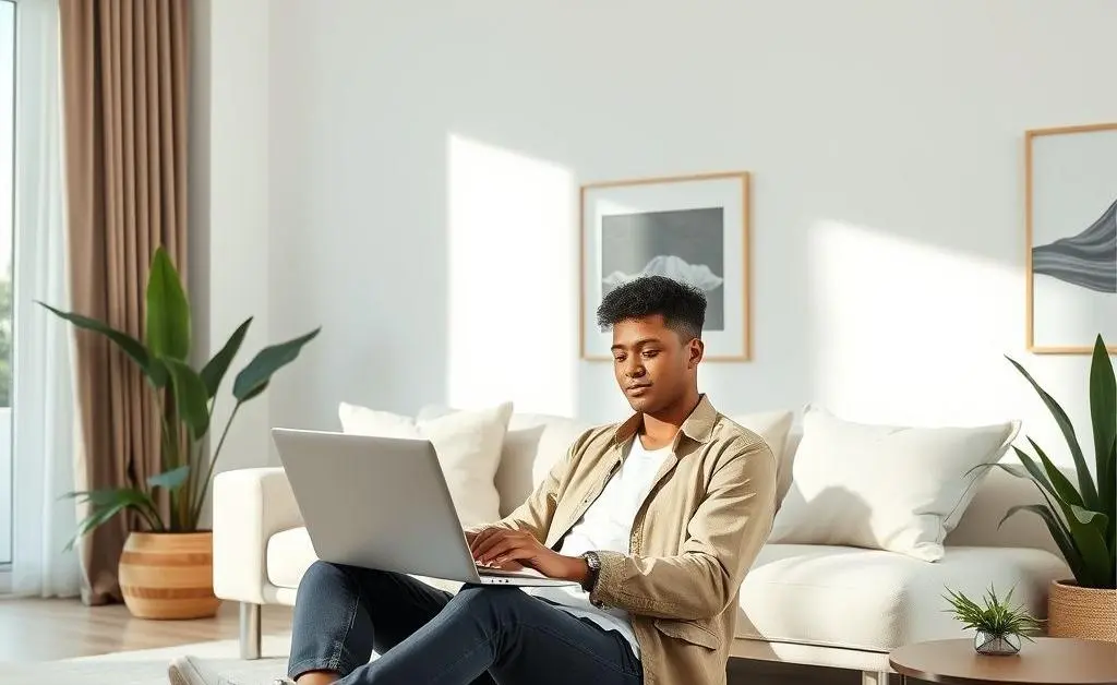 Person calmly managing their investments from a laptop in a sunny room.