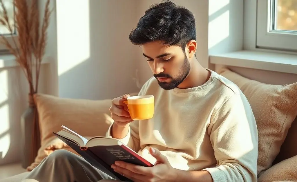 A person reading a book on investments while sipping tea in a peaceful corner.
