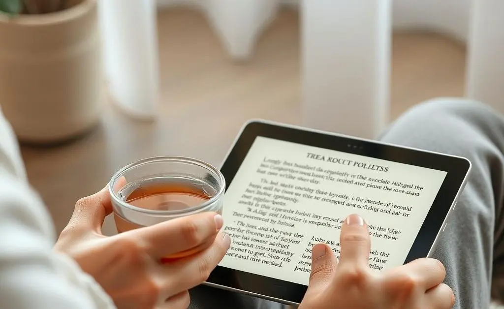 A calm and serene setting with a person enjoying a cup of tea while reading investment news on a tablet.