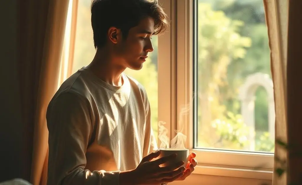 A serene scene with a person sitting quietly with a cup of tea looking out of the window