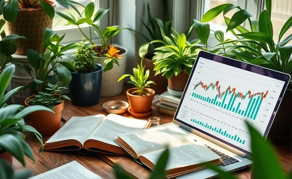 A serene and minimalistic corner with a plant, books, and a laptop displaying stock charts