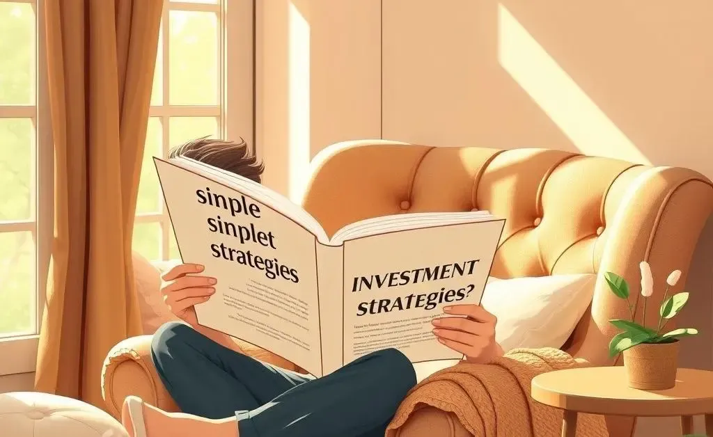 Relaxed person sitting in a cozy armchair, reading about investments.