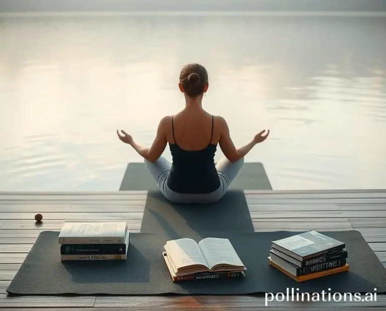 Person meditating with a yoga mat and investment books nearby