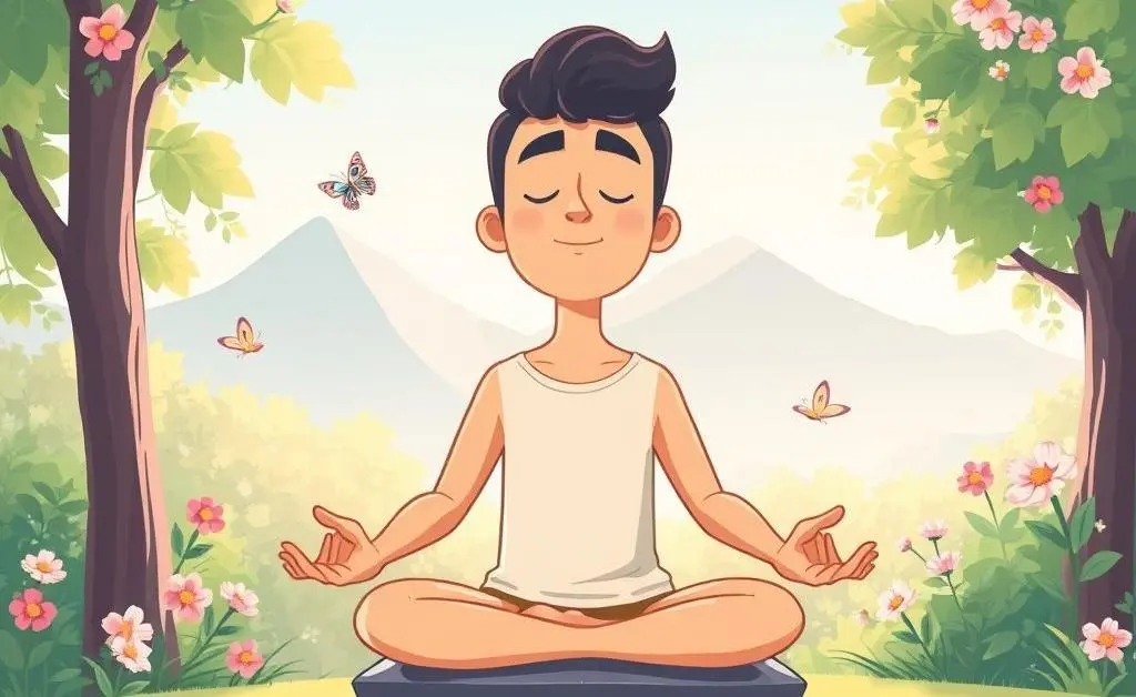 Serene landscape with someone meditating, symbolizing calm investing