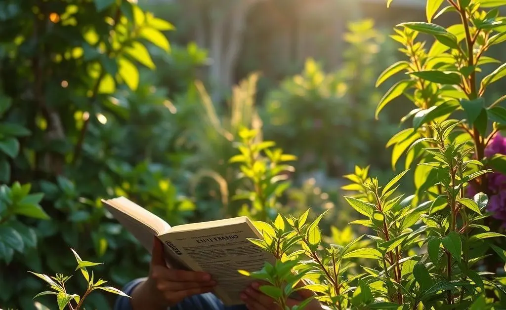 Character reading about investments under tree.