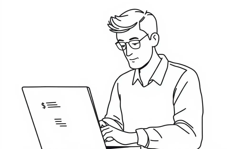 A minimalist drawing of a person calmly studying investment options surrounded by plant life.
