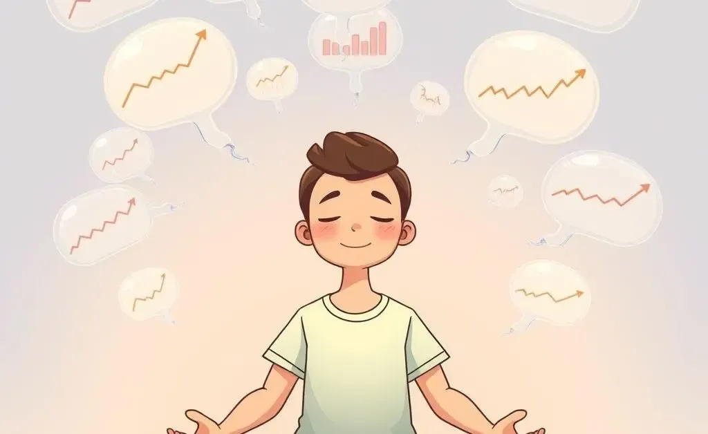 Person meditating with money symbols and graphs in thought bubbles.