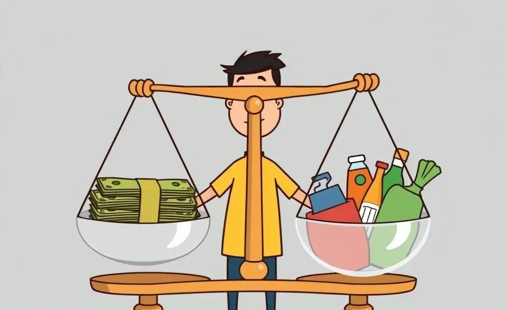 A cartoon of a calm person balancing a scale with money and a book