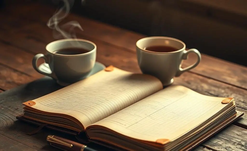Journal and tea cup on wooden table