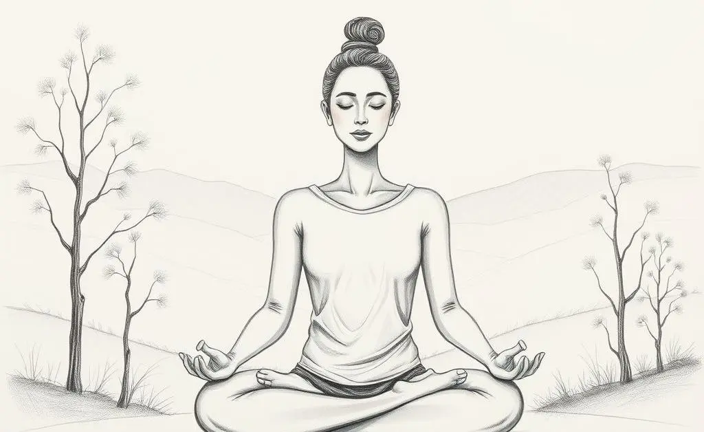 A hand-drawn nature scene with a calming atmosphere and a person meditating.