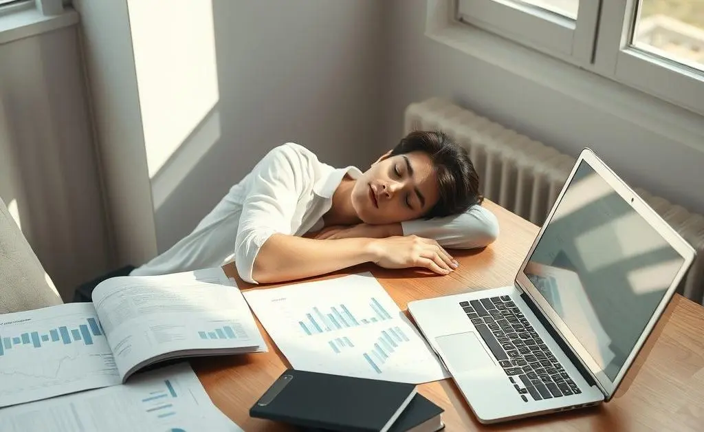 A person sitting calmly at a desk with financial planning documents and a laptop