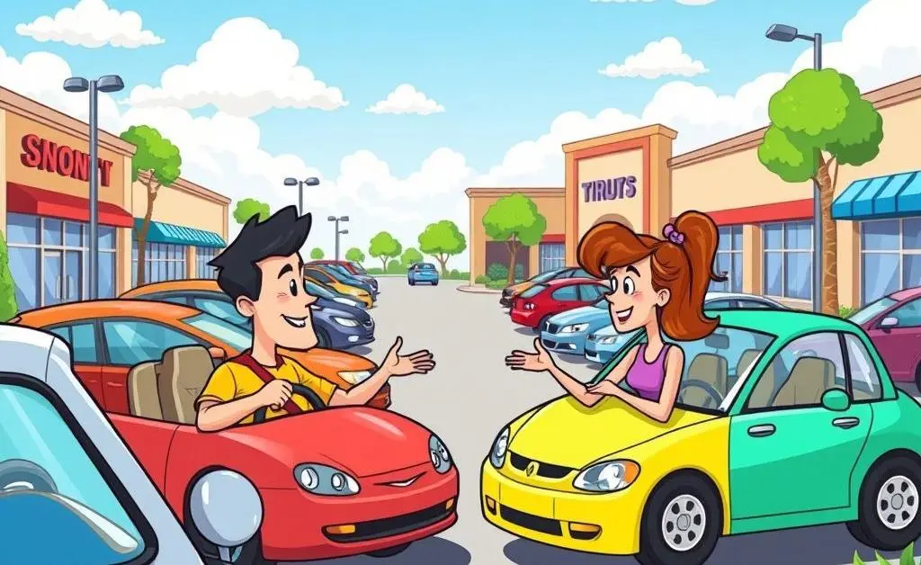 A cartoon showing a minor car accident scene with people involved looking amicable.