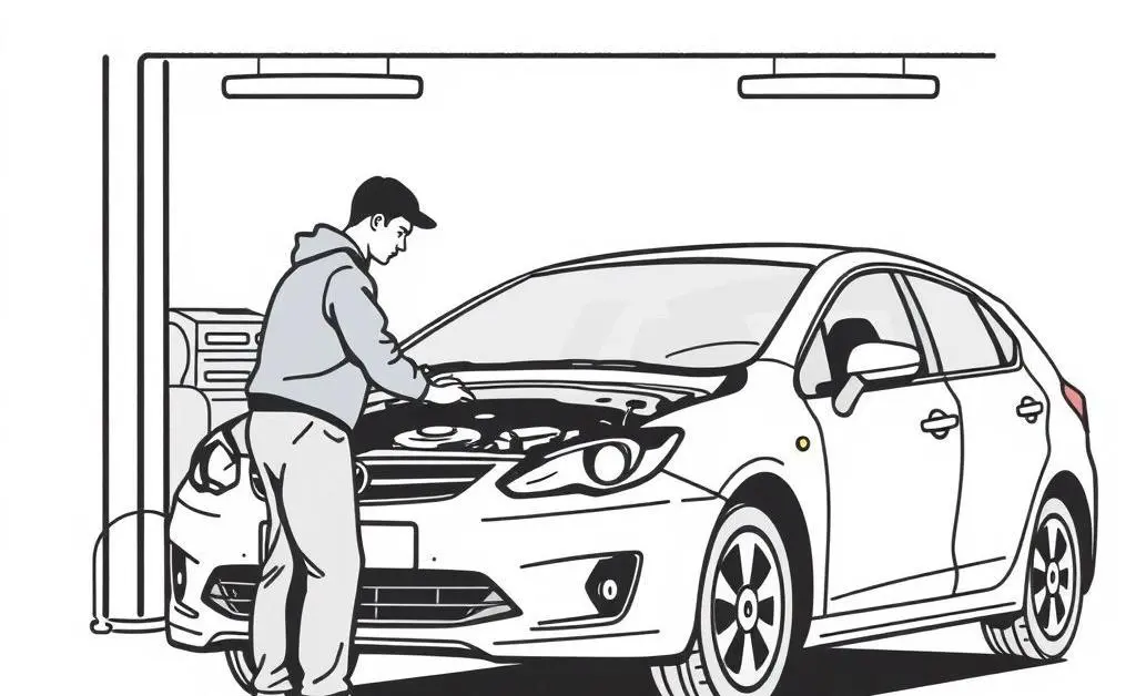 Mechanic inspecting a car in a garage setting