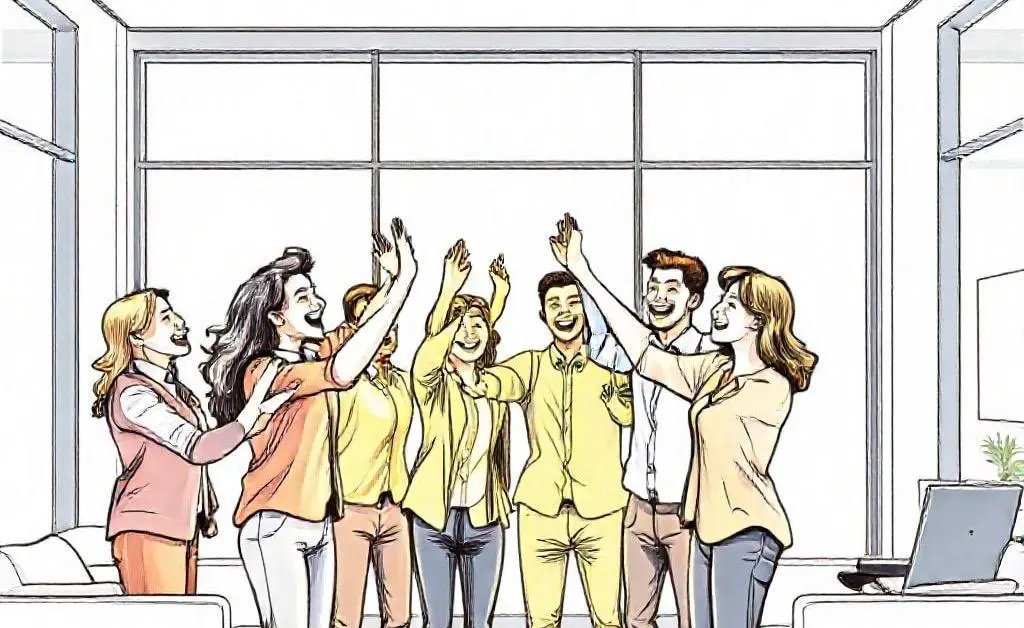 An insurance team celebrating a sales success with high-fives and smiles.