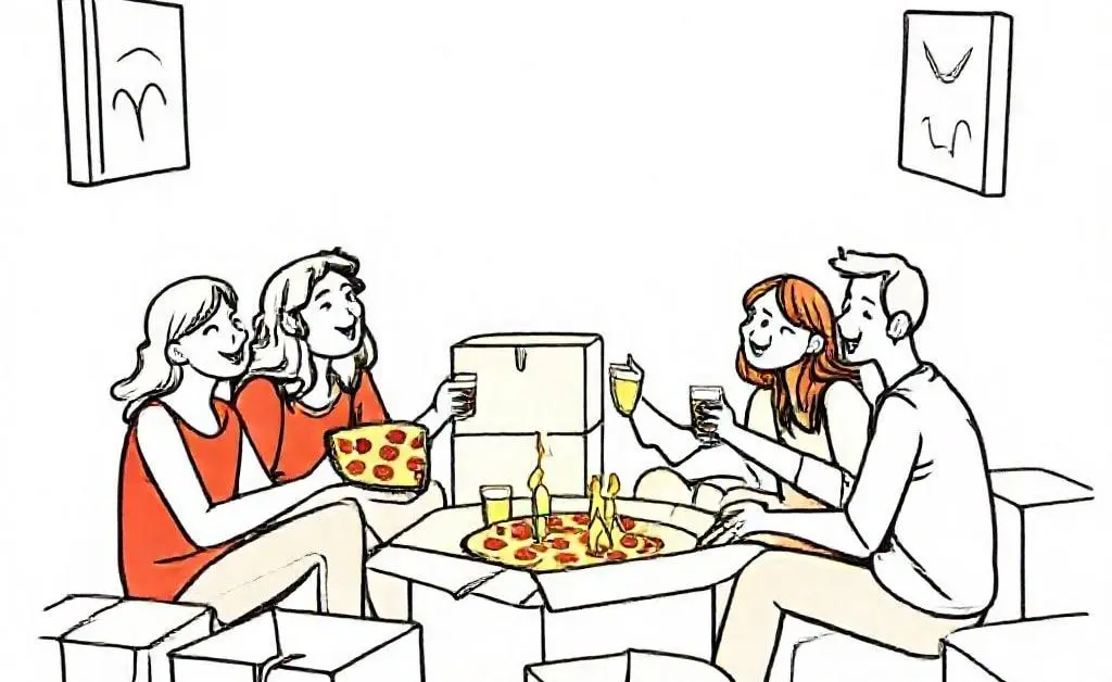Friends celebrating with pizza and drinks among boxes.