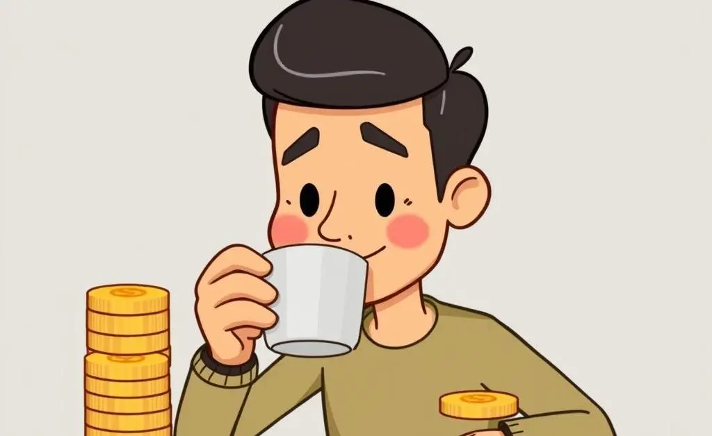 A cartoon character taking a break with a coffee mug, financial planning charts and diagrams