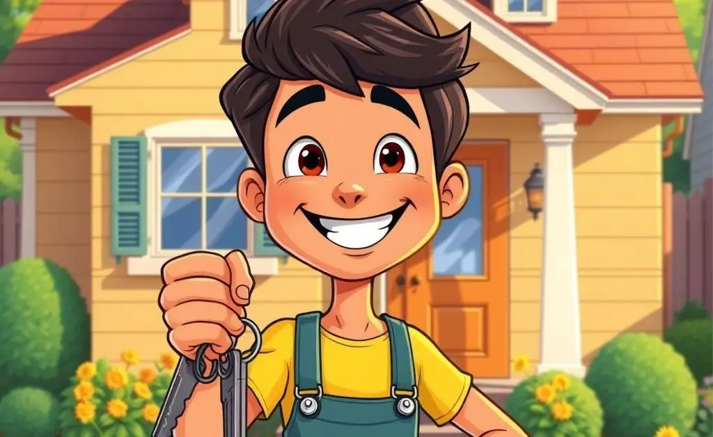 A cartoon character smiling beside a run-down house with a toolbox in hand