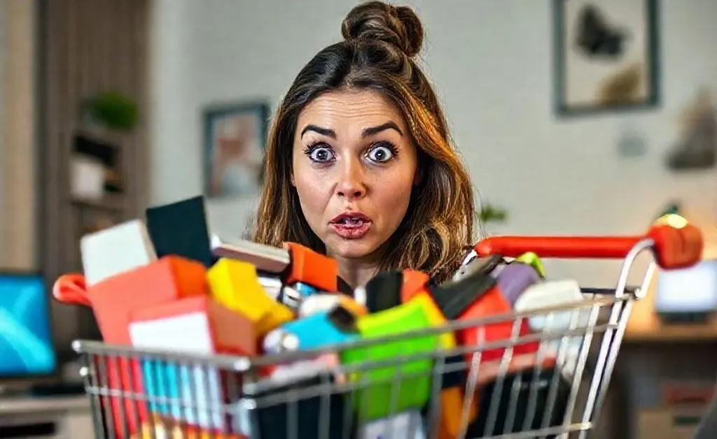 A woman staring at her overflowing online shopping cart
