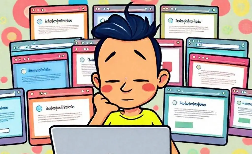 A cartoon character deep in thought in front of a laptop with a dozen browser tabs open