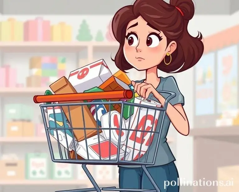 A woman staring at her overflowing online shopping cart