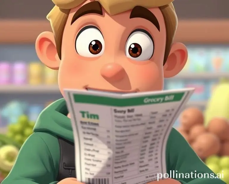 A character named Tim with a cartoon style, staring at an exaggerated grocery bill with wide eyes
