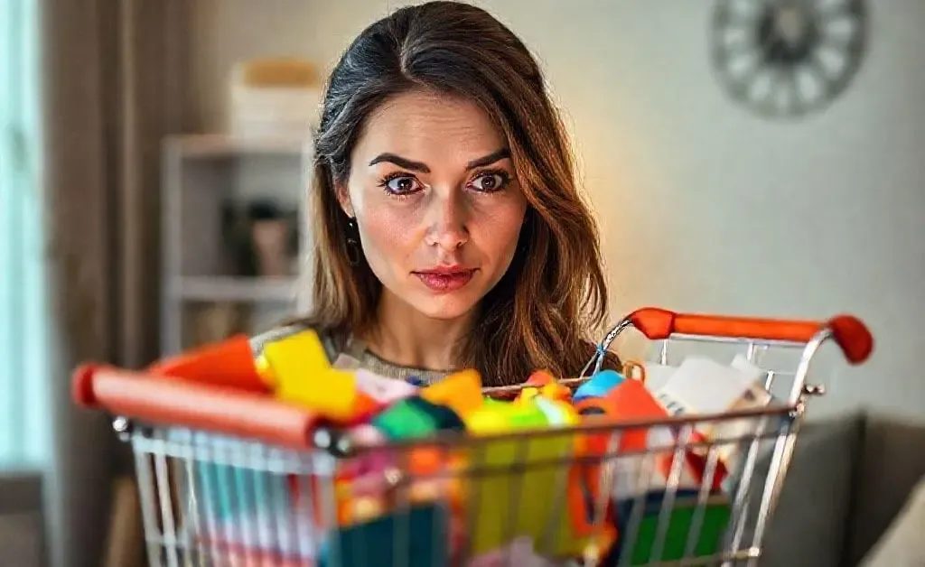 A woman staring at her overflowing online shopping cart