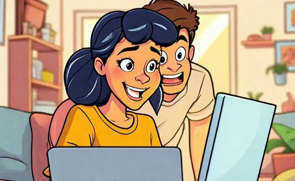Cartoon woman, still at her laptop, with her partner looking over her shoulder in shock at the screen