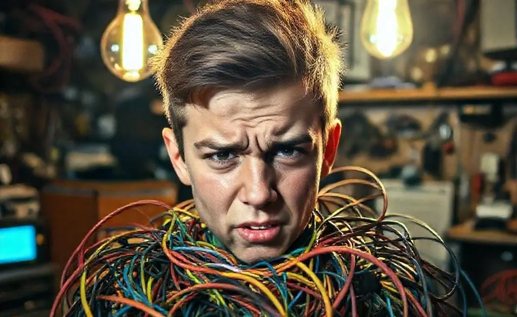 Sam tangled in a mess of electrical wires with a frustrated expression as a light bulb flickers
