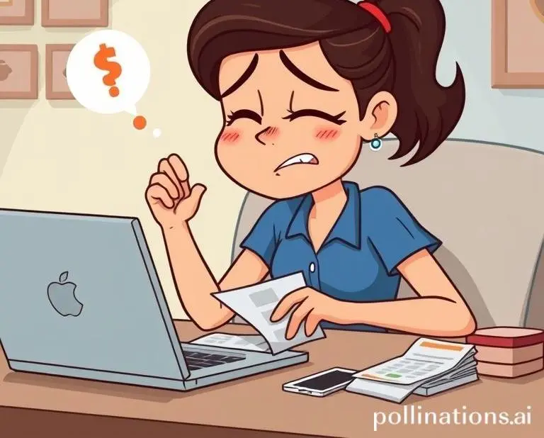 A cartoon scene of Mia sweating and biting her nails as she calculates total expenses on her laptop