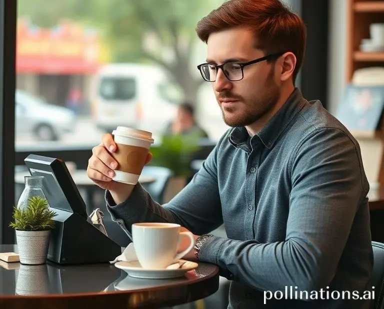 Tim is at a cafe, ordering multiple expensive coffees while noting his declining bank balance