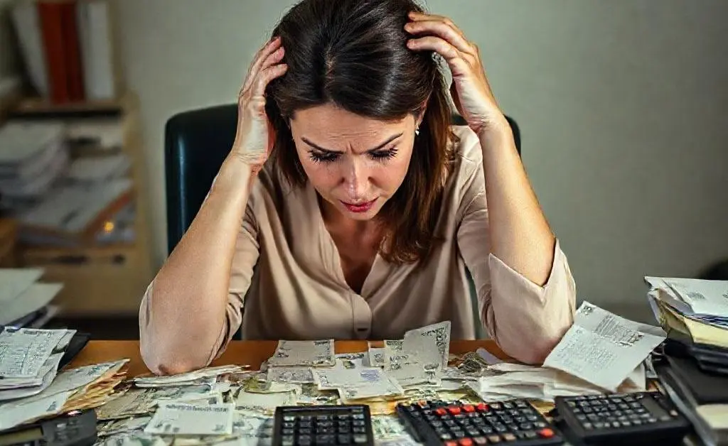 A woman sitting at a table filled with bills and calculators, scratching her head in confusion.