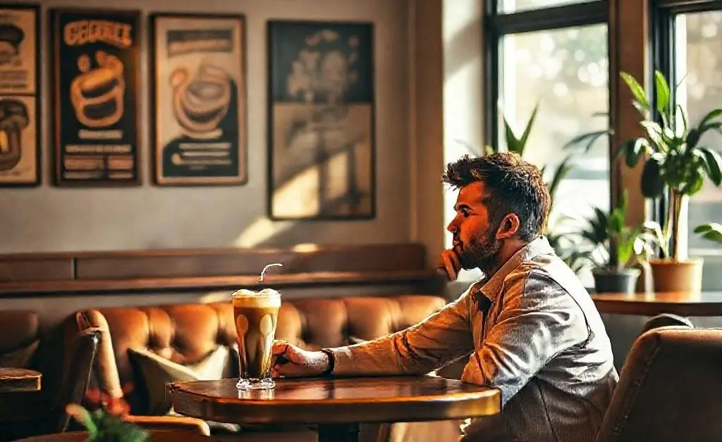 A man in a coffee shop contemplating whether to buy the most expensive drink