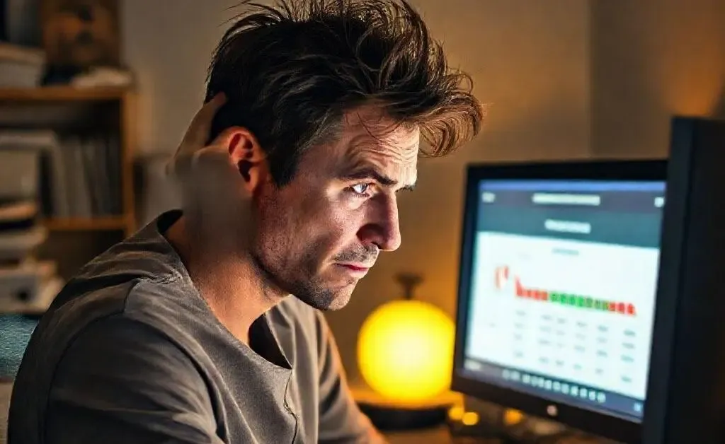 A confused person scratching their head as they watch their credit score unexpectedly drop despite paying off debt