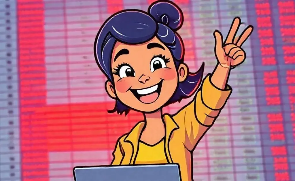 A cartoon of Mia triumphantly clicking 'check out' while her spreadsheet glows red