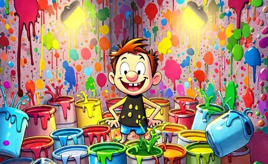 Cartoon of Sam knee-deep in paint cans, walls painted in chaotic, unmatched colors