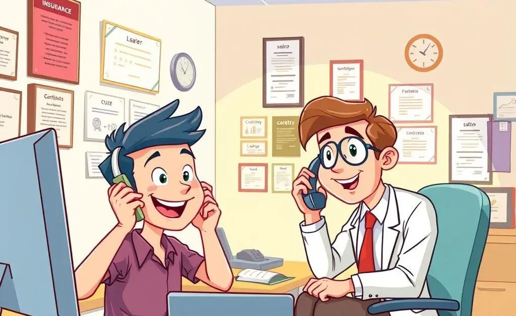 A cartoon character talking to a friendly insurance agent with glasses and brochures