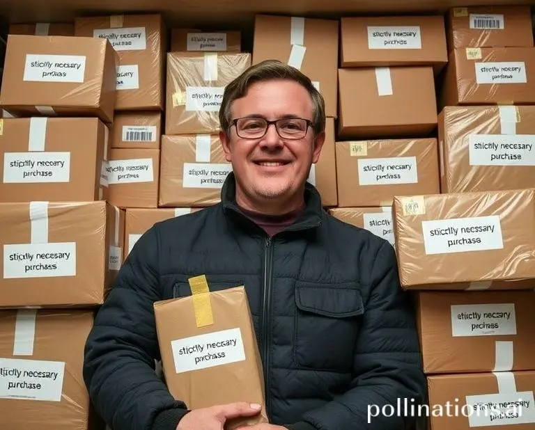 Tim surrounded by unopened packages, each labeled with