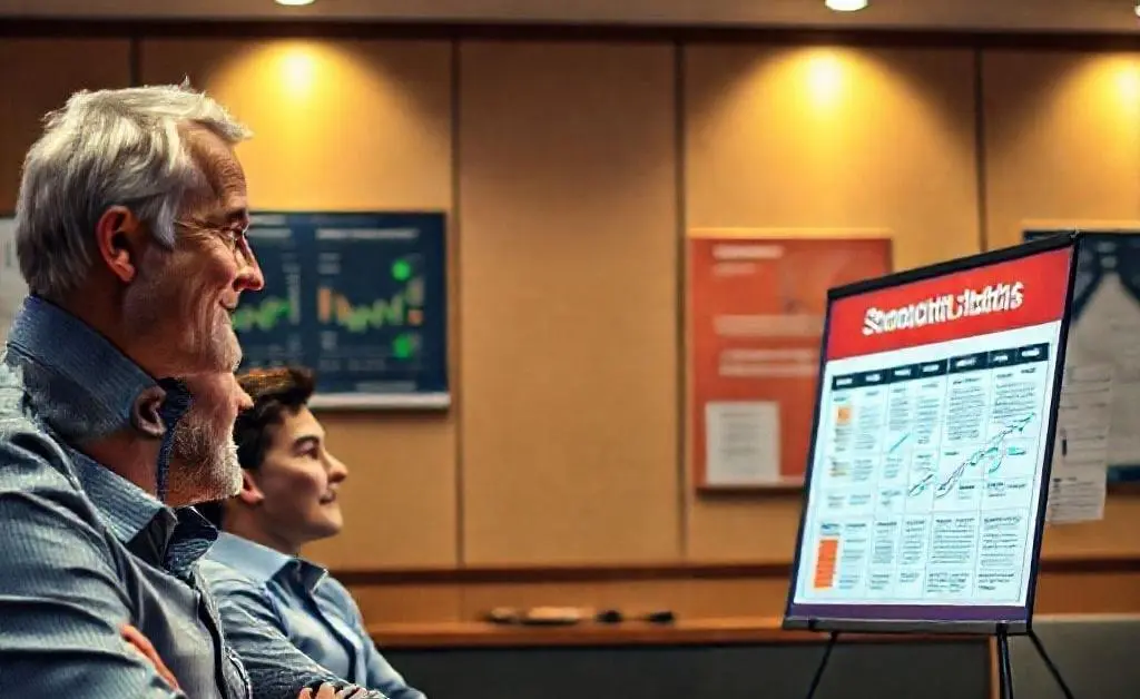 An older, wise mentor pointing at a chart that says 'Smart Investing Tips' while Jake and Sarah pay close attention.