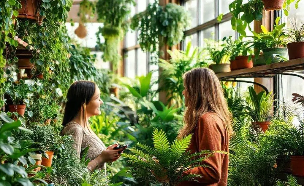 A couple looking at houseplants in a store, trying to decide what to buy
