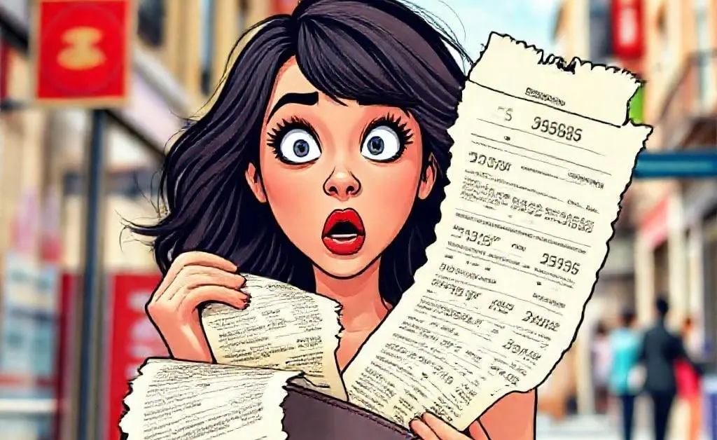 Mia surprised as a cartoonishly long receipt spills from her purse