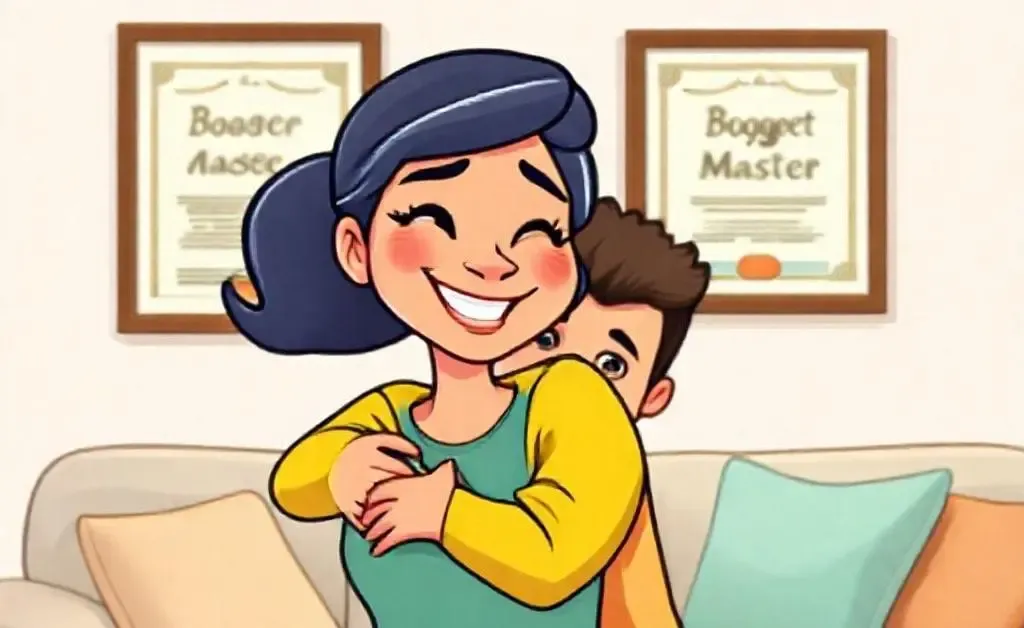 Cartoon woman looking relieved, embracing her partner with a 'Budget Master' certificate on the wall
